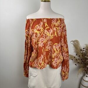 Rachel Zoe 100% Linen Slightly Cropped Rust Floral Top Blouse Womens Size L